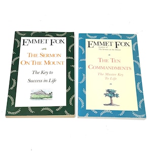 May include: Two paperback books by Emmet Fox. The book on the left has a green cover with the title "The Sermon on the Mount" and the subtitle "The Key to Success in Life." The book on the right has a blue cover with the title "The Ten Commandments" and the subtitle "The Master Key to Life."