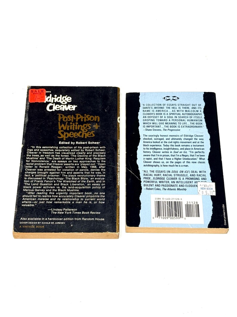 May include: Two vintage paperback books, one titled "Post-Prison Writings & Speeches" by Eldridge Cleaver, edited by Robert Scheer. The other book is titled "Soul on Ice". Both books are black with white text.