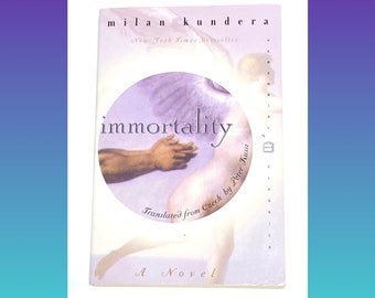 May include: A book cover with a purple background and a circle in the center. The circle features a painting of two hands touching. The text on the cover reads "milan kundera" and "immortality".