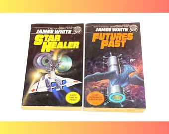 May include: Two paperback science fiction novels by James White. The covers feature illustrations of spaceships and futuristic scenes. The titles are "Star Healer" and "Futures Past".