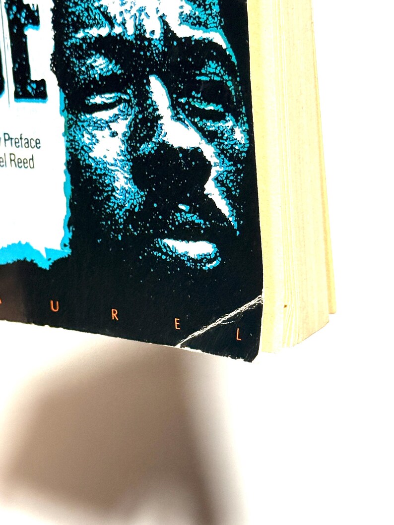 May include: A book with a black cover featuring a blue and white image of a face. The title is partially visible, with the letters "UREL" at the bottom. The book's pages are yellowed.