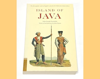 May include: A book cover with the title "Island of Java" by John Joseph Stockdale. The cover features two men in traditional Javanese clothing, one holding a spear and the other holding a sword.