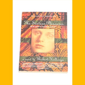 May include: The cover of a paperback novel titled "The Sixteen Pleasures" by Robert Hellenga. The cover features a portrait of a young man with a floral background.