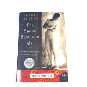 May include: A paperback book titled The Space Between Us by Thrity Umrigar. The cover features a black and white photograph of a person in a sari, with yellow text stating National Bestseller and a red floral patterned border at the bottom.
