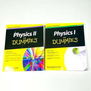 May include: Two paperback books titled "Physics I for Dummies" and "Physics II for Dummies" with yellow covers and colorful illustrations. The books are part of the "Making Everything Easier!" series.