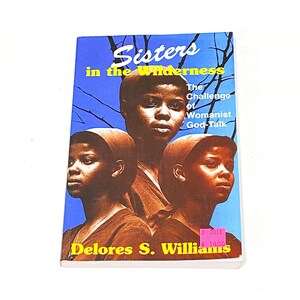 May include: Book cover with a blue background and three women's faces. The title is "Sisters in the Wilderness: The Challenge of Womanist God-Talk" by Delores S. Williams.