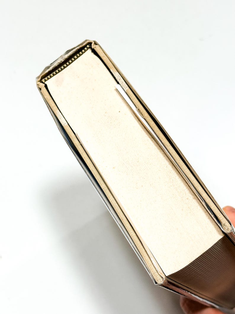 a close-up view of the spine of a book, with a gold-colored metal frame.