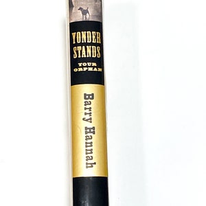 Pu&ograve; includere: Un libro intitolato "Yonder Stands Your Orphan" di Barry Hannah. La copertina presenta un'illustrazione in bianco e nero di un cane che cammina in una foresta nebbiosa.