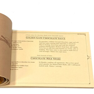 a recipe book with a page titled "A basic sauce for chocolate drinks from Chocolardi Square" featuring a recipe for "Golden Gate Chocolate Sauce" and "Chocolate Milk Shake".