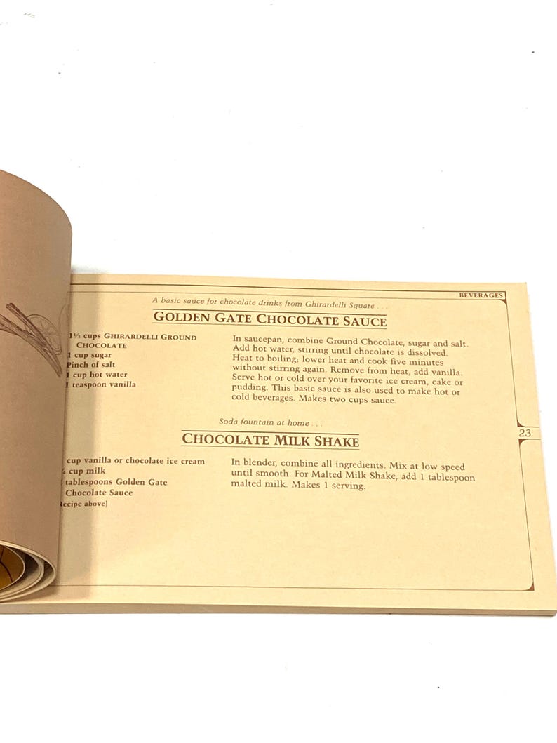 a recipe book with a page titled "A basic sauce for chocolate drinks from Chocolardi Square" featuring a recipe for "Golden Gate Chocolate Sauce" and "Chocolate Milk Shake".