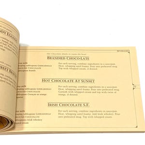 a menu with various hot chocolate drinks and a list of ingredients, including branded chocolate-late, hot chocolate at sunset, and Irish chocolate S.F.