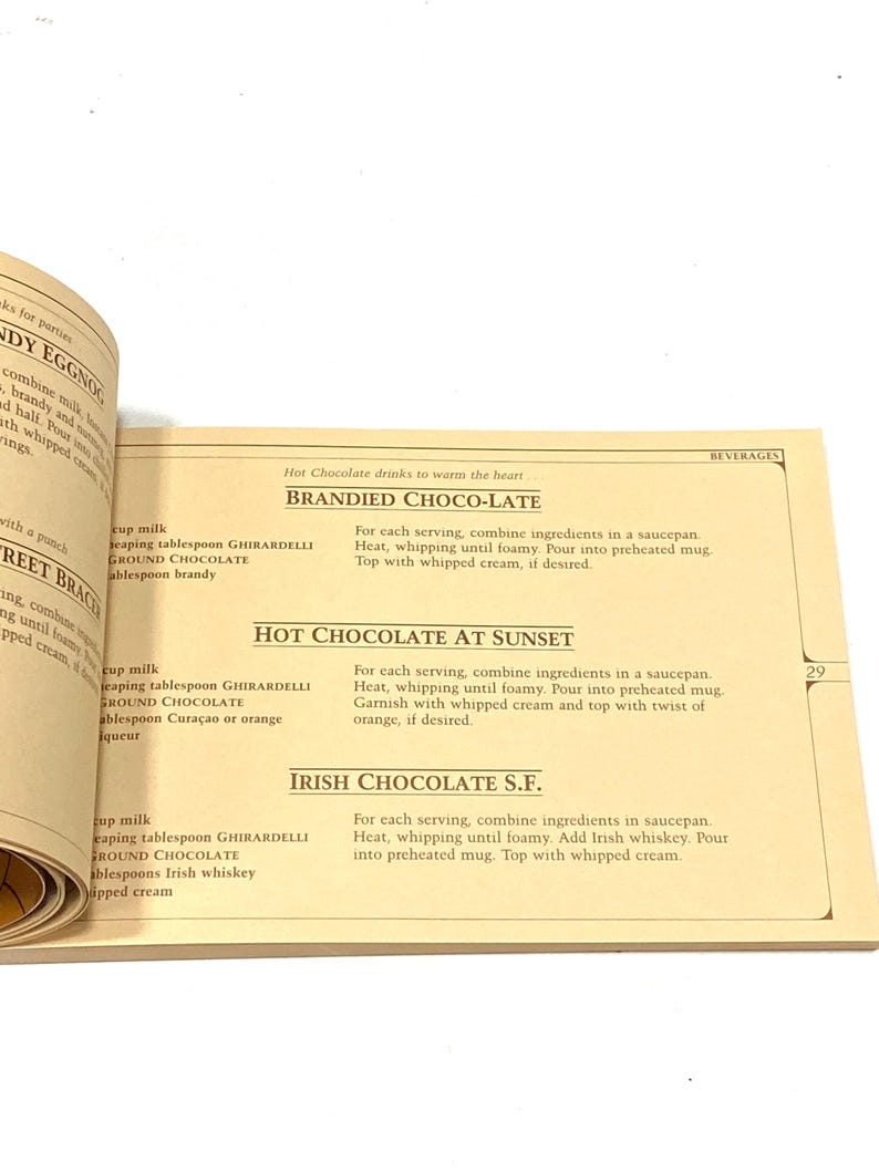 a menu with various hot chocolate drinks and a list of ingredients, including branded chocolate-late, hot chocolate at sunset, and Irish chocolate S.F.