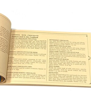 a printed page with text and lists of various food items, including chocolate products. The page is open, and the text is in English.