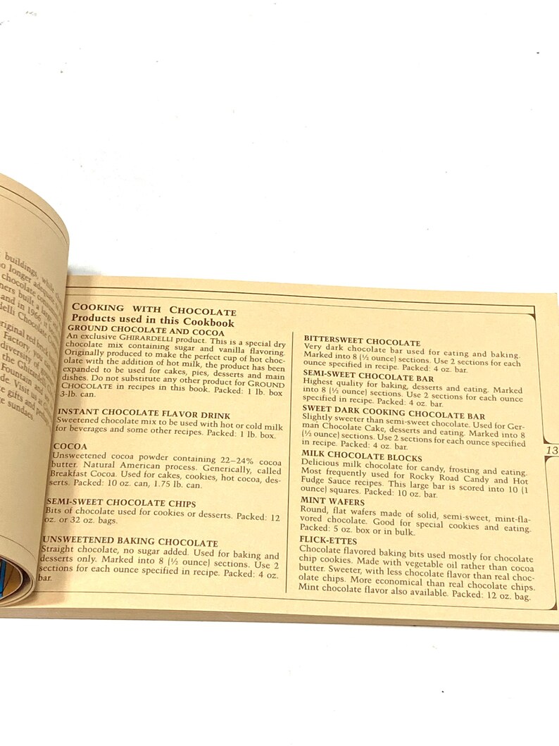 a printed page with text and lists of various food items, including chocolate products. The page is open, and the text is in English.