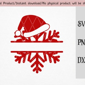 Pode incluir: Design de monograma dividido com tema natalino em vermelho e branco com um chapéu de Papai Noel e um floco de neve. Os formatos de arquivo SVG, PNG e DXF estão incluídos.