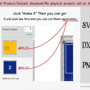 May include: A screenshot of a computer screen showing a design software program. The program is used to create digital designs for cutting machines. The screen shows two designs, one with a yellow background and the other with a blue background. The designs are labeled "1" and "2". The screen also shows a list of file types that can be exported from the program, including SVG, DXF, and PNG.