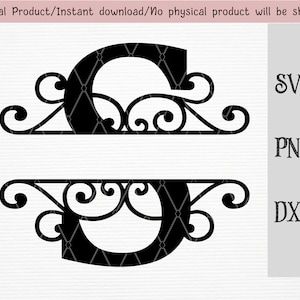 May include: A black and white monogram letter C with decorative swirls. The letter is in a split monogram style with the top and bottom halves of the letter separated by a space. The image includes the text "SVG", "PNG", and "DXF".