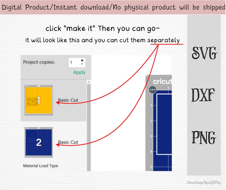 May include: A screenshot of a computer screen showing a design software program. The software is used to create digital designs for cutting machines. The screen shows two designs, one with a yellow background and the other with a blue background. The designs are labeled "1" and "2". The software also shows a list of file formats that the designs can be saved in, including SVG, DXF, and PNG.