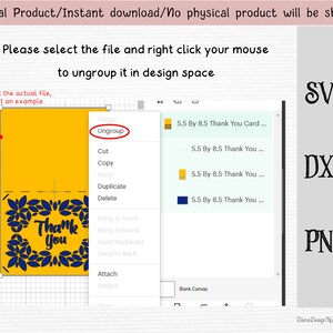 May include: A screenshot of a computer screen showing a design program with a yellow and blue thank you card design. The design is surrounded by a grid and the words "Thank You" are visible in the center of the card. The words "Ungroup", "Cut", "Copy", "Paste", "Duplicate", "Delete", "Bring to Front", "Bring Forward", "Send Backward", "Send to Back", "Attach", and "Detach" are visible in a drop-down menu. The words "SVG", "DXF", and "PNG" are visible on the right side of the screen.