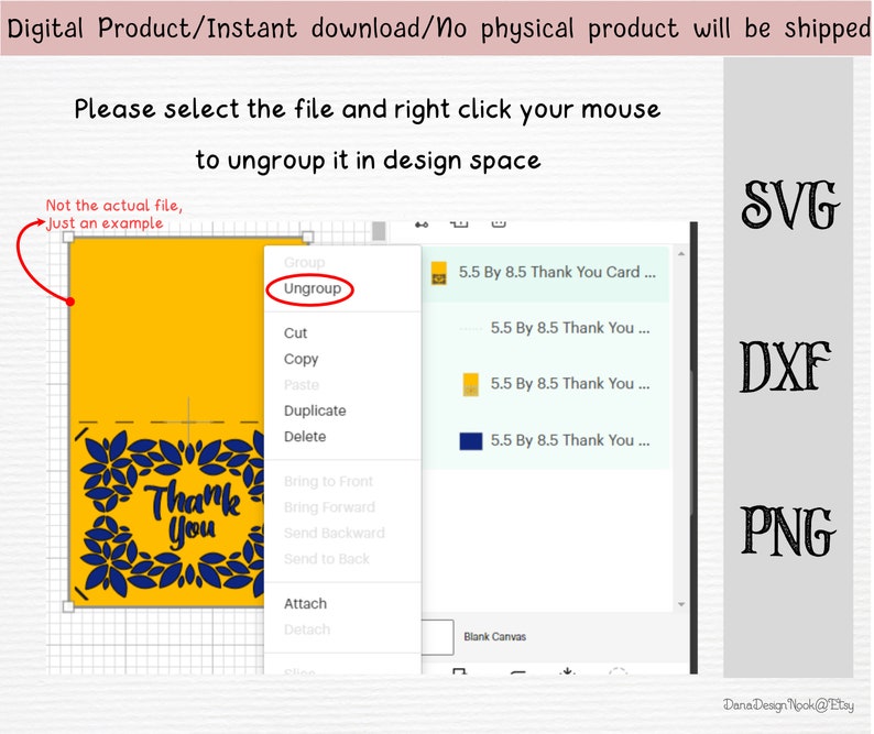 May include: A screenshot of a computer screen showing a design program with a yellow and blue thank you card design. The design is surrounded by a grid and the words "Thank You" are visible in the center of the card. The words "Ungroup", "Cut", "Copy", "Paste", "Duplicate", "Delete", "Bring to Front", "Bring Forward", "Send Backward", "Send to Back", "Attach", and "Detach" are visible in a drop-down menu. The words "SVG", "DXF", and "PNG" are visible on the right side of the screen.