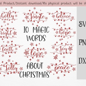 10 mots magiques de Noël bundle SVG / DXF / PNG fichiers / mots de vacances / amour / jolly / holly / bright / jingle / croire / foi / joie / paix / espoir / téléchargement instantané