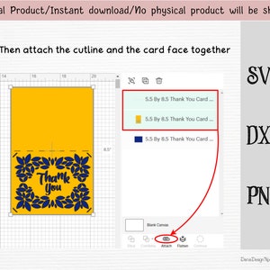 May include: A digital download of a thank you card design. The card features a yellow background with a blue floral design and the text "Thank You". The design is shown in a digital design program with a grid and tools for editing.