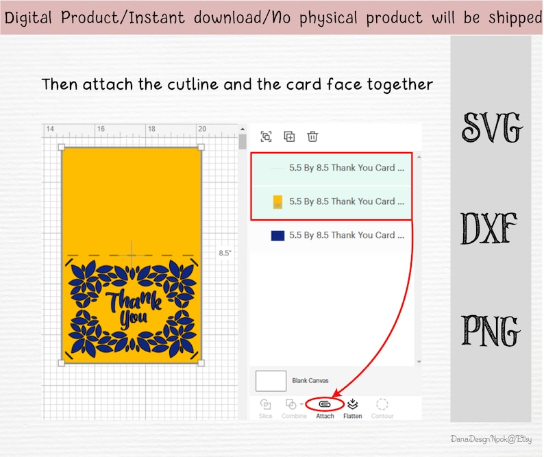 May include: A digital download of a thank you card design. The card features a yellow background with a blue floral design and the text "Thank You". The design is shown in a digital design program with a grid and tools for editing.