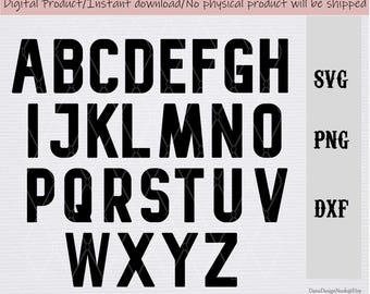 May include: Black uppercase alphabet letters A through Z in a bold font style. The letters are arranged in three rows. The image includes the text "SVG", "PNG", and "DXF".