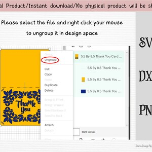 May include: A screenshot of a design program showing a yellow background with a blue and white "Thank You" design. The design is surrounded by a blue leaf border. The design program's menu is open, showing the option to "Ungroup" the design.
