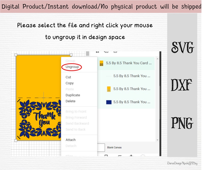May include: A screenshot of a design program showing a yellow background with a blue and white "Thank You" design. The design is surrounded by a blue leaf border. The design program's menu is open, showing the option to "Ungroup" the design.