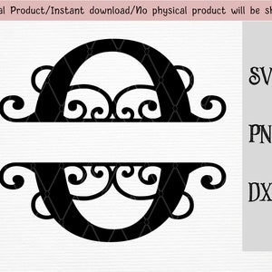 May include: A black and white split monogram initial "O" with ornate swirls. The design is suitable for crafting projects such as vinyl decals, iron-on transfers, and more. The image includes the file formats SVG, PNG, and DXF.
