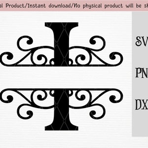 May include: A black and white digital download of the letter I with decorative swirls. The image is labeled with the file types SVG, PNG, and DXF.
