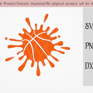 May include: Orange basketball design with white lines, resembling a splash. The image includes the text "SVG", "PNG", and "DXF" on a gray background, indicating digital file formats.