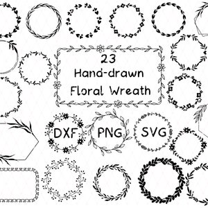 Puede incluir: Un conjunto de 23 coronas florales dibujadas a mano en blanco y negro. Las coronas son de varias formas y tamaños, incluyendo círculos, cuadrados y hexágonos. El texto "23 Coronas florales dibujadas a mano" está escrito en el centro de la imagen. El texto "DXF PNG SVG" está escrito debajo del texto "23 Coronas florales dibujadas a mano".