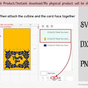 May include: A digital download of a thank you card design. The card features a blue and yellow floral design with the text "Thank You" in the center. The design is shown in a digital design program with a grid background. The image includes the text "5.5 By 8.5 Thank You Card..." and the file types SVG, DXF, and PNG.