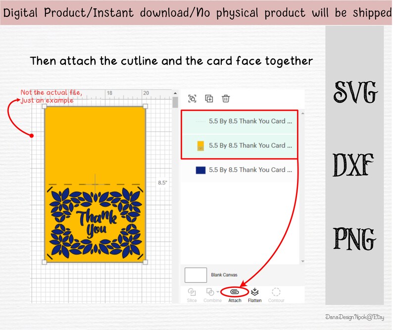 May include: A digital download of a thank you card design. The card features a blue and yellow floral design with the text "Thank You" in the center. The design is shown in a digital design program with a grid background. The image includes the text "5.5 By 8.5 Thank You Card..." and the file types SVG, DXF, and PNG.
