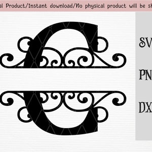 Op de afbeelding: Zwart-witte gesplitste monogramletter C met decoratieve krulletjes. SVG-, PNG- en DXF-bestandsformaten.