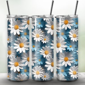 Blue and white 3D daisy 20 OZ tumbler wrap/ tumbler wrap PNG files/tapered tumbler wrap/tumble sublimation/instant download/digital files