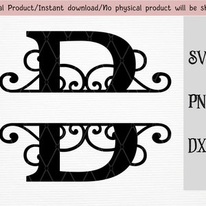 May include: A black and white digital download of the letter D with decorative flourishes. The letter is in a bold, blocky font. The flourishes are intricate and detailed. The image is suitable for use in crafting projects, such as cutting, etching, or engraving.