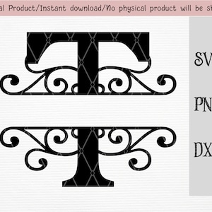 Könnte beinhalten: Ein digitaler Download in Schwarzweiß eines dekorativen Buchstabens T mit einem Schnörkeldesign. Die enthaltenen Dateiformate sind SVG, PNG und DXF.