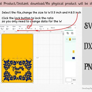 May include: A digital design of a "Thank You" card with a blue floral border on a yellow background. The design is shown in a digital design program with a grid and measurements of 5.5 inches wide and 8.5 inches tall.