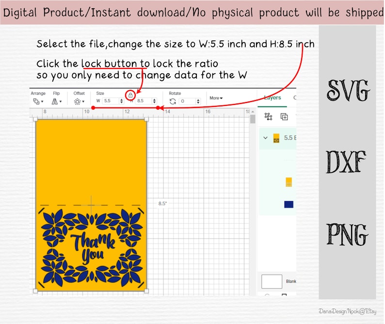 May include: A digital design of a "Thank You" card with a blue floral border on a yellow background. The design is shown in a digital design program with a grid and measurements of 5.5 inches wide and 8.5 inches tall.