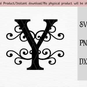 May include: Black and white digital download of the letter Y with decorative swirls. The image includes the text "SVG", "PNG", and "DXF".