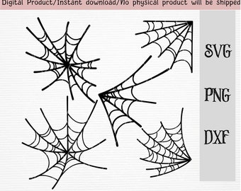 May include: Four black and white spider web designs. The webs are in different shapes and sizes. The designs are perfect for crafting and decorating for Halloween.