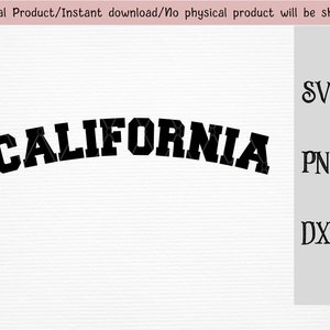 Op de afbeelding: Zwart-wit grafisch ontwerp van het woord "CALIFORNIA" in een vetgedrukt, gebogen lettertype. Het ontwerp is geschikt voor digitaal downloaden in de formaten SVG, PNG en DXF.