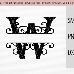 May include: A black monogram letter "W" with decorative flourishes above and below. The design is split horizontally. To the right are the file type options: SVG, PNG, and DXF.
