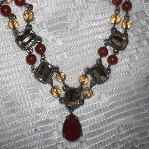 AVON Double Strand Necklace Red Bead Rhinestone Silver Tone Victorian Style