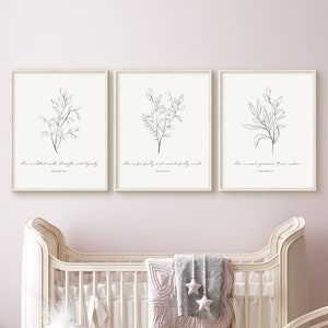 Set of 3 Botanical Nursery Prints: Christian Scripture, Baby Girl Decor