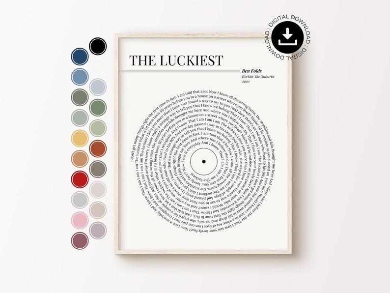 K&ouml;nnte beinhalten: Gerahmter Druck mit dem Text "THE LUCKIEST" in minimalistischem Design. Die Liedtexte sind kreisf&ouml;rmig angeordnet. Der Druck enth&auml;lt den Namen des K&uuml;nstlers, Ben Folds, und den Albumtitel.