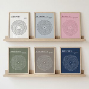 K&ouml;nnte beinhalten: Sechs gerahmte Kunstdrucke mit Songtexten in kreisf&ouml;rmigem Design, die Schallplatten imitieren. Die Drucke sind in Pastellt&ouml;nen gehalten: Wei&szlig;, Hellblau, Rosa, Gr&uuml;n, Grau und Marineblau. Jeder Druck enth&auml;lt einen Titel und den Namen des K&uuml;nstlers. Die Rahmen sind aus hellem Holz und werden auf einem Holzregal ausgestellt.